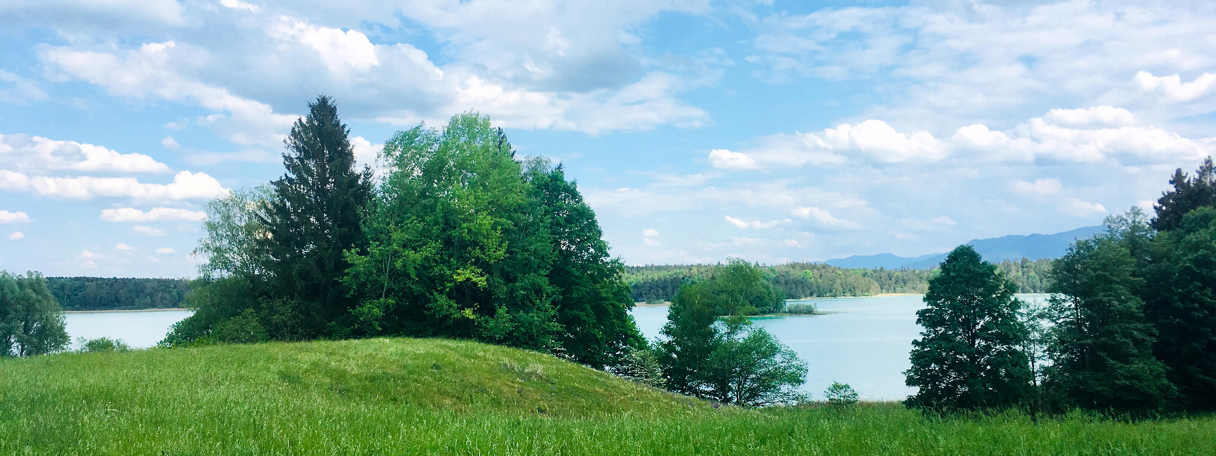 Ostersee bei ZIST im Frühling mit grüner Wiese, Bäumen und wolkigem Himmel