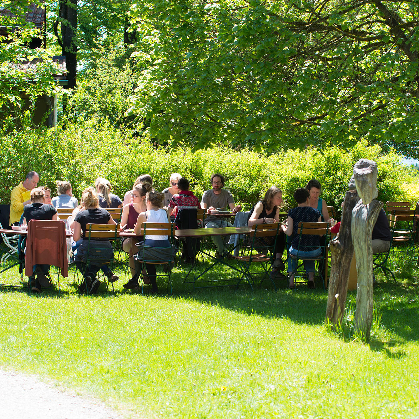 Eine Gruppe von Menschen sitzt gemeinsam an einem sonnigen Tag im Garten der ZIST Akademie für Psychotherapier