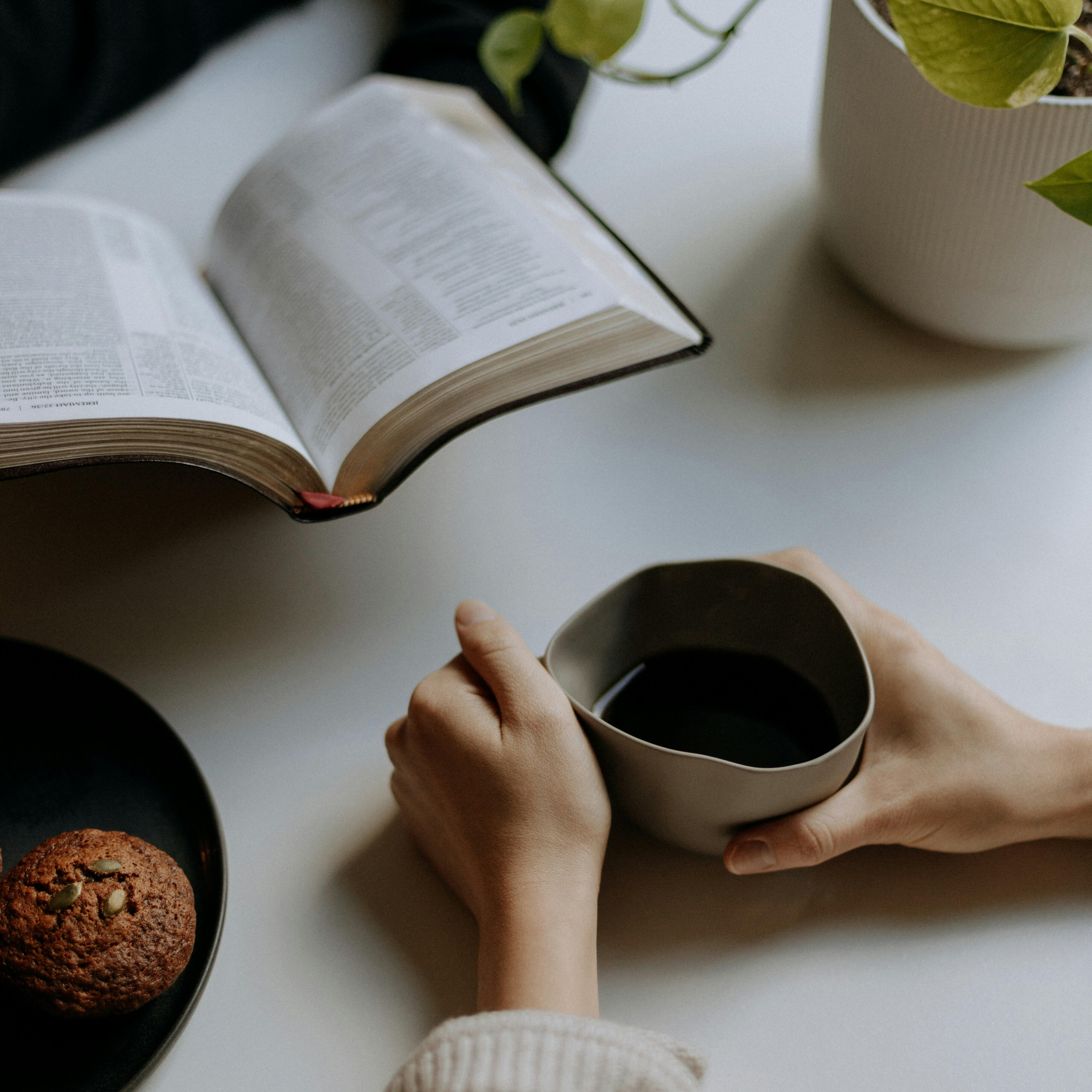 Eine Person hält eine warme Kaffeetasse, während ein aufgeschlagenes Buch auf dem Tisch liegt. Neben einer Pflanze und Gebäck entsteht eine gemütliche Atmosphäre.