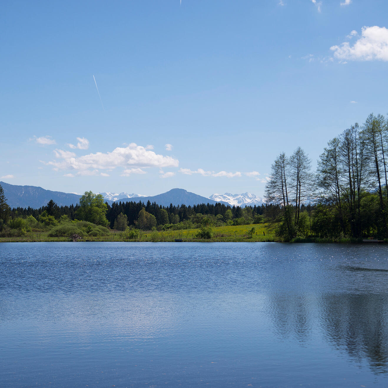 Ein klarer Bergsee spiegelt den strahlend blauen Himmel, während sanfte Hügel und schneebedeckte Gipfel die Kulisse formen.