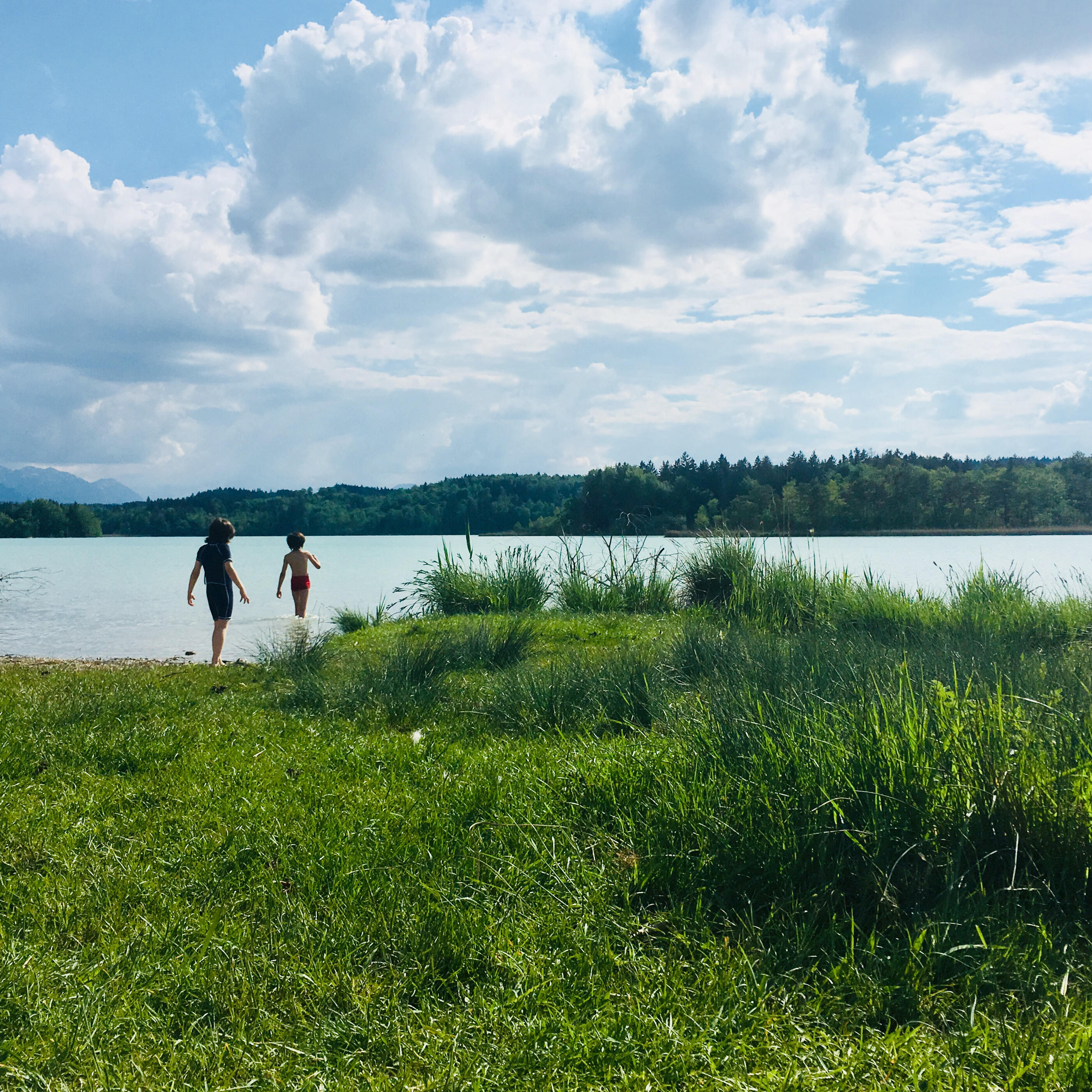 Ein malerischer Sommertag an einem idyllischen See. Zwei Kinder spazieren durch das satte Grün zum Wasser, während weiße Wolken den blauen Himmel schmücken.