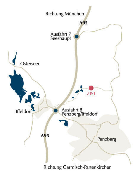 Skizze zeigt die Anfahrt zur ZIST gGmbH über die Autobahn A95 Richtung Garmisch Partenkirchen,  Ausfahrt 8, Penzberg Iffeldorf
